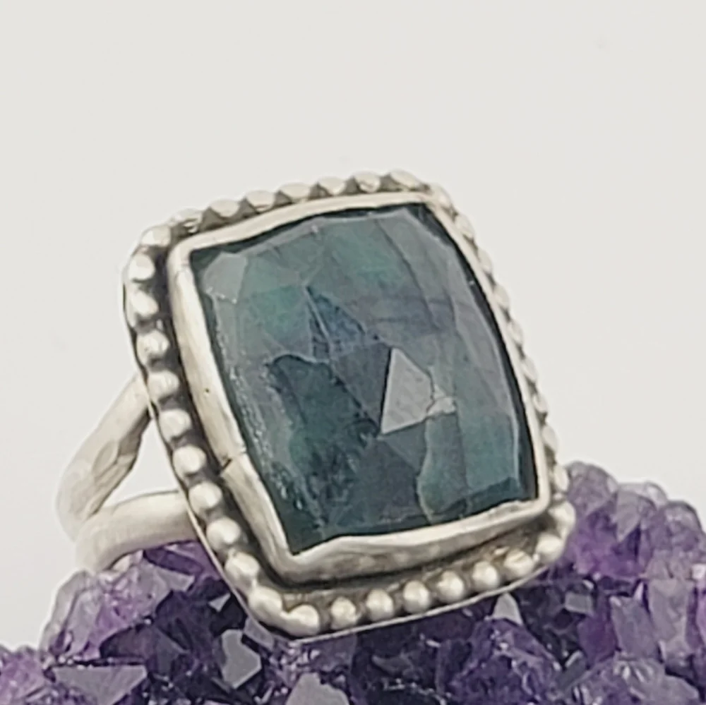 EMERALD SQUARE RING HANDMADE IN STERLING SILVER METAL SIZE 7.5